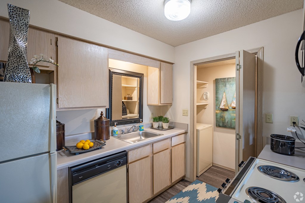 a kitchen with a sink and a stove and a refrigerator