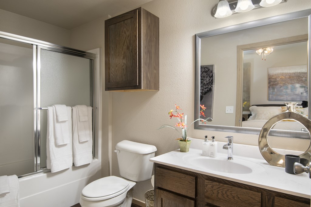 A bathroom with a toilet, sink, mirror, and a plant.