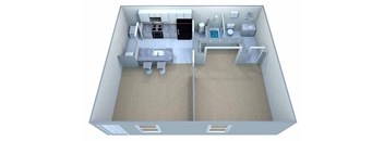 A 3D image of a house layout with two bedrooms, a living room, a kitchen, and a bathroom.