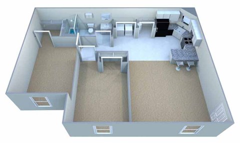 A 3D image of a house layout with a kitchen, living room, and bathroom.