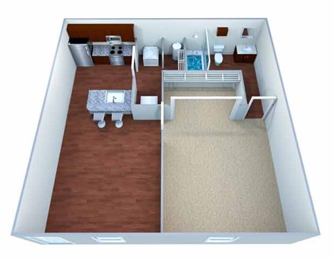 A 3D floor plan of a small apartment with a kitchen, living room, and bathroom.