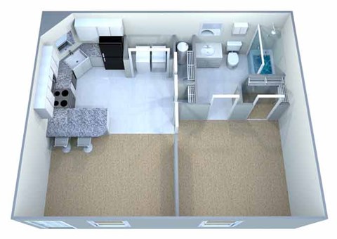A 3D model of a house with a kitchen, living room, and bathroom.