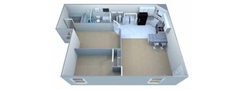 A 3D image of a house layout with a kitchen, living room, and bathroom.