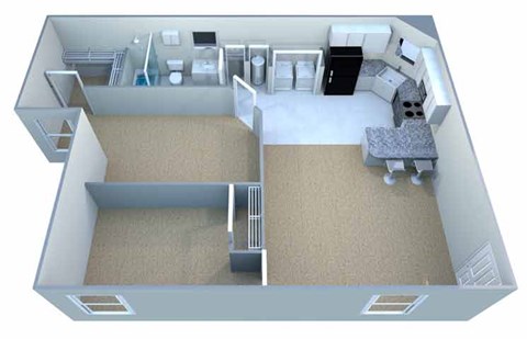 A 3D image of a house layout with a kitchen, living room, and bathroom.