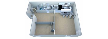 A 3D image of a house layout with a kitchen, living room, and bathroom.