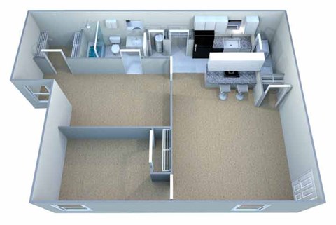 A 3D image of a house layout with a kitchen, living room, and bathroom.