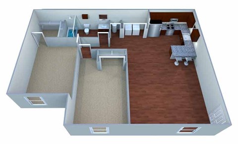 A 3D rendered image of a house layout.