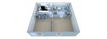 A 3D image of a house layout with a kitchen, living room, and bathroom.