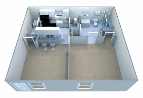 A 3D image of a house layout with a kitchen, living room, and bathroom.