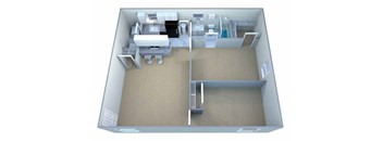 A 3D image of a house layout with a kitchen, living room, and bedrooms.