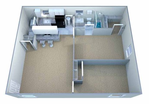 A 3D image of a house layout with a kitchen, living room, and bedrooms.