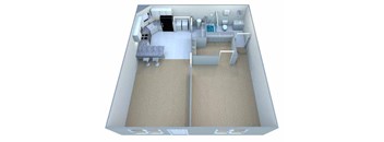 A 3D image of a house layout with a kitchen, living room, and bathroom.