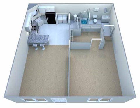 A 3D image of a house layout with a kitchen, living room, and bathroom.