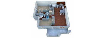 A 3D image of a house layout with a kitchen, living room, and bathroom.