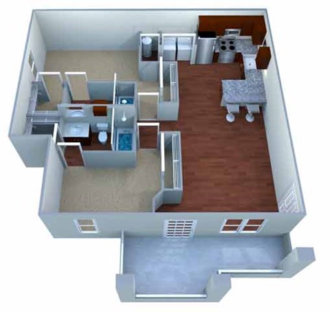A 3D image of a house layout with a kitchen, living room, and bathroom.