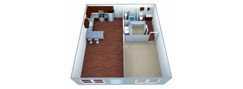 A 3D diagram of a house layout with a kitchen, living room, and bathroom.