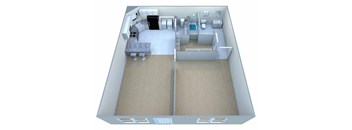 A 3D image of a small apartment with a bedroom and a living room.