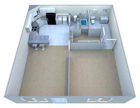 A 3D image of a small apartment with a bedroom and a living room.
