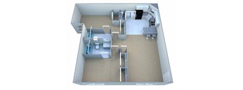 A 3D floor plan of a house with a kitchen, living room, and bathroom.