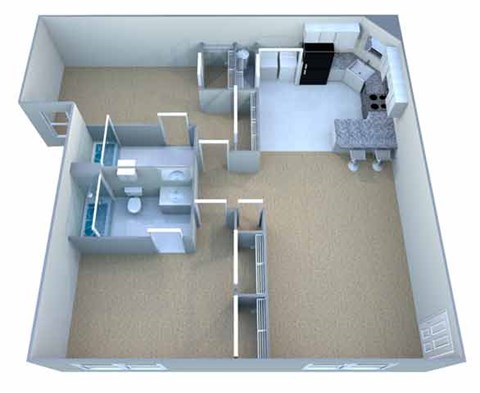 A 3D floor plan of a house with a kitchen, living room, and bathroom.