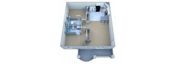 A 3D model of a house with a kitchen, living room, and bathroom.