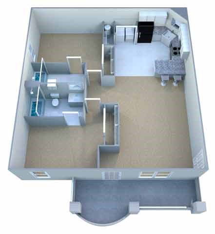 A 3D model of a house with a kitchen, living room, and bathroom.