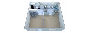 A 3D image of a small apartment with two beds, a kitchen, and a bathroom.