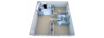 A 3D model of a house with a kitchen, living room, and bathroom.