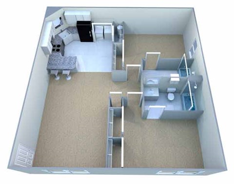 A 3D model of a house with a kitchen, living room, and bathroom.