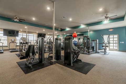 A gym with a variety of equipment including treadmills, weight machines, and a ceiling fan.