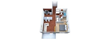 A top down view of a small apartment with a kitchen, living room, and bedroom.