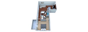 A 3D floor plan of a small apartment with a kitchen, living room, and bedroom.
