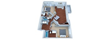 A 3D floor plan of a small apartment with two bedrooms and a living room.