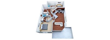 A 3D floor plan of a house with a kitchen, living room, and bedrooms.