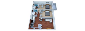 A 3D floor plan of a house with two bedrooms, a living room, a kitchen, and a bathroom.