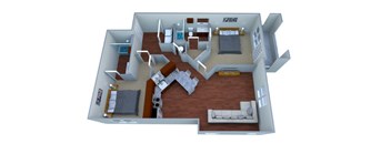 A 3D rendered image of a house layout.