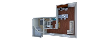 A 3D image of a house layout with a kitchen, living room, and bathroom.