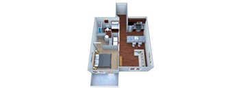 A 3D floor plan of a small apartment with a kitchen, living room, and bathroom.