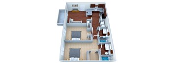 A 3D floor plan of a house with a living room, kitchen, and two bedrooms.