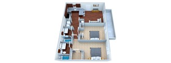 A 3D floor plan of a house with two bedrooms and a living area.