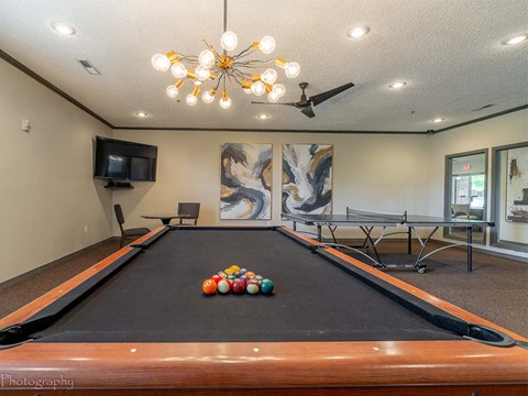 a game room with a pool table and a television