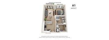 A 3D floor plan of a one bedroom apartment with a living room, kitchen, and bathroom.