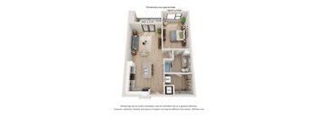 A 3D floor plan of a small apartment with a kitchen, living room, and bathroom.