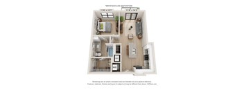A 3D floor plan of a house with a living room, dining room, kitchen, and bathrooms.