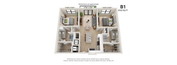 A floor plan of a one bedroom apartment with a kitchen and living room.