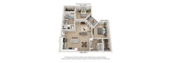A 3D floor plan of a house with a living room, dining room, kitchen, and two bedrooms.