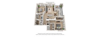 A 3D floor plan of a house with a living room, kitchen, dining room, and two bedrooms.