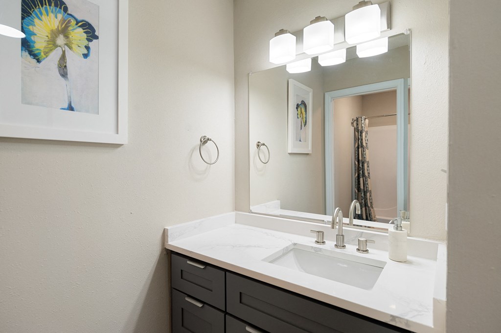 Remodeled Bathroom with New Vanity, Countertops and Lighting at Creekside at White Oak