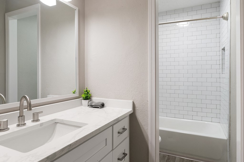 the preserve at ballantyne commons apartment bathroom with sink and shower