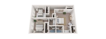 a 3d rendering of a bedroom with a bathroom and floor plan